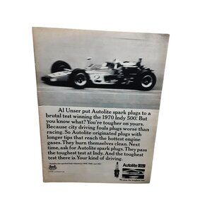 1970 Autolite Spark Plugs Indy 500 Al Unser Vintage Print Ad